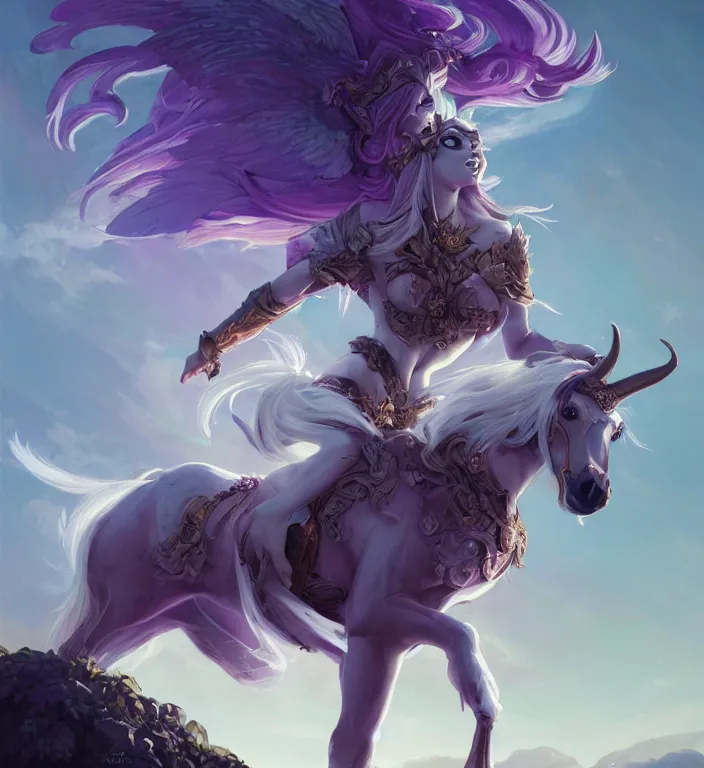 Image similar to a majestic female centaur with white wings and with a horn on the forehead and purple hair and elf ears, backlit, strong rim light, highly detailed, digital painting, by Alvaro Castagnet + Peter Mohrbacher + Dan Mumford + vivid colors + high contrast, 8k resolution, intricate, photorealistic, smooth