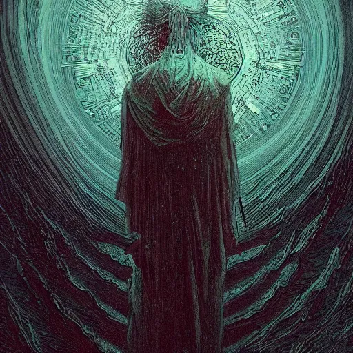 Prompt: gustave dore james gurney artstation hyperrealism horror art colossal godmachine dzo olivier victo ngai quantum sadness and solace solitude depression represented yearning dread dreadful existence extermination heavenly ethereal fractal illusionary art