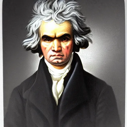 Prompt: a school book photo of beethoven staring.