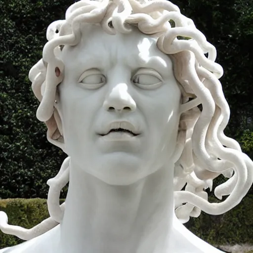 Image similar to medusa sculpture hyperrealistic style made by michelangelo, made with carrara marble