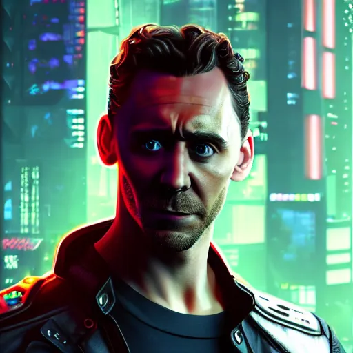 Prompt: tom hiddleston portrait, Cyberpunk 2077, cyberpsycho, photorealistic, ultra detailed, neon, octane, bokeh, cyber, cyberpunk city, feature, scars, cyberface, 8k