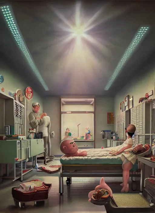 Prompt: highly detailed wide - angle portrait of a retro 1 9 6 0 s hospital, nicoletta ceccoli, mark ryden, lostfish, earl nore, hyung tae, frank frazetta, global illumination, god rays, detailed and intricate environment