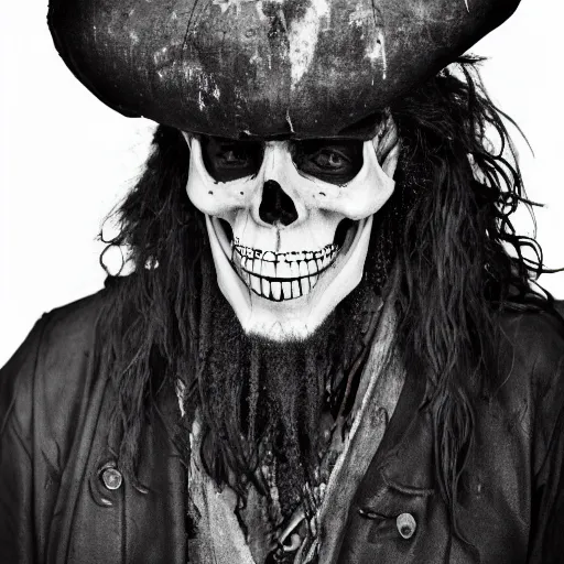 Prompt: 70mm photo of a skull masked dirty rugged old pirate lord wearing a Skull Bone Mask dirty old black hat, worn black coat, long black beard and long black hair, dark scene with dim light, movie scene, depth of field