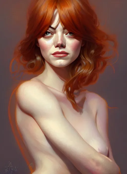 Image similar to portrait of emma stone as a fox, d & d, muscular, fantasy, intricate, elegant, highly detailed, digital painting, artstation, concept art, smooth, sharp focus, illustration, art by artgerm and greg rutkowski and alphonse mucha