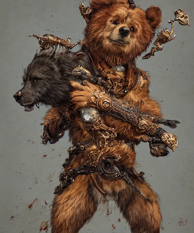 Image similar to an anthropomorphic dog warrior holding a bear's head, crisp 8 k line art, digital painting, artstation, unreal engine, octane render, emissive lighting, concept art, matte, sharp focus, hyper realistic lighting, illustration, art by junto ito and takato yamamoto and philippe druillet and gerald brom