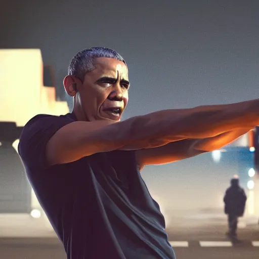 Image similar to angry barack obama shooting and terrorizing people in the hood, 8k resolution, full HD, cinematic lighting, award winning, anatomically correct