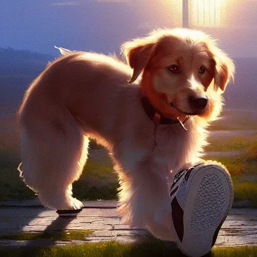 Image similar to a cute dog and a white sneaker shoe with its laces undone, highly detailed, hyperrealistic, sunset in the background, rays of golden sunlight, oil painting by greg rutkowski and artgerm and wlop