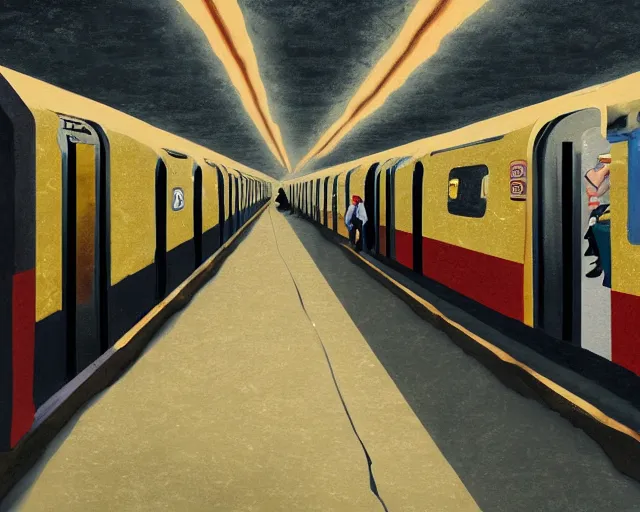 Prompt: urban nyc subway decay gothics, comic style painting with oil on cardboard, intense brushstrokes with rough brush, Storybook Illustration, cinematic color palette, UV, 4K, painting style by Magritte