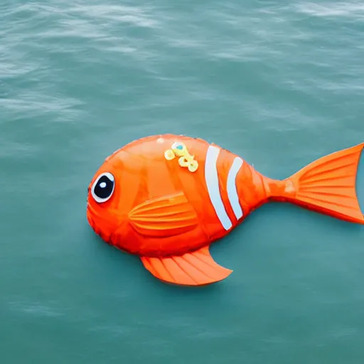 Image similar to a fish floating away from the sea tied to a ballon