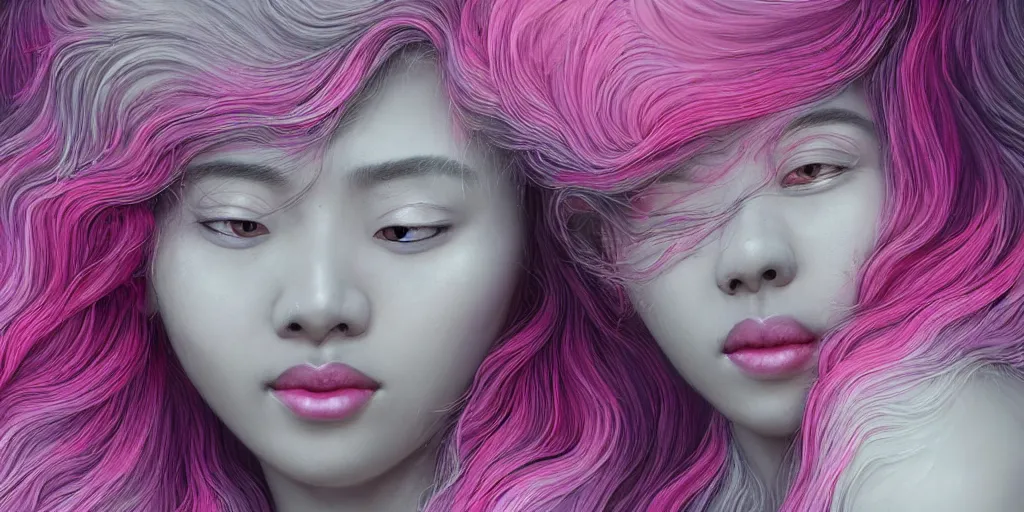 Image similar to a portrait of a very beautiful young asian goddess, seductive smile, with pink and grey hair radiating swirling paint and impasto, sleepy eyes by wlop and edward robert hughes, background is volumetric displacement, hyperrealism, subsurface scattering, arnold render, 8 k, houdini, xparticles