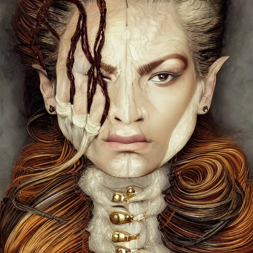 Image similar to portrait of a Shibari rope wrapped face and neck, headshot, insanely nice professional hair style, dramatic hair color, digital painting, of a old 15th century, roman soilder, amber jewels, baroque, ornate clothing, scifi, realistic, hyperdetailed, chiaroscuro, concept art, art by Franz Hals and Jon Foster and Ayami Kojima and Amano and Karol Bak,