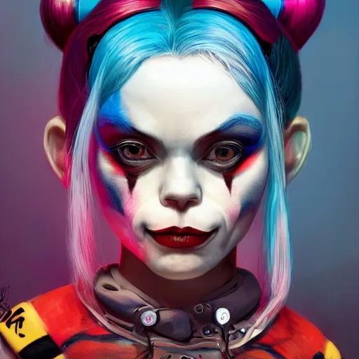 Prompt: Harley Quinn as a beautiful young ape kid, illustration, comic, by James Jean, artgerm, octane render, by John Coltrane and Marc Simonetti, high detail of the face, full body