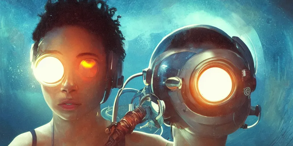 Image similar to Zoe Kravitz with short hair as a techpunk astronaut, helmet with led lights, underwater in the ocean at night, clear water, volumetric lighting, glowing lights, 4k, octane, digital painting, artstation, concept art, cinematic film, sharp focus, illustration, art by artgerm and greg rutkowski and alphonse mucha , wide angle view, full body