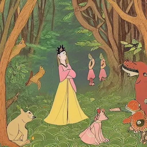 Image similar to A detailed experimental art of Princess Aurora singing in the woods while animals look on. The colors are light and airy, with a hint of mystery in the shadows. The overall effect is dreamlike and fairy-tale like. Korean folk art, alizarin by Dave Gibbons