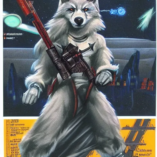 Image similar to 1 9 8 0 s video game art of anthropomorphic wolf o'donnell from starfox fursona furry wolf in a dark space mercenary uniform, looking heroic, magazine scan, 8 0 s game box art, dark grey wolf o'donnell