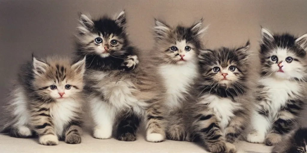 Image similar to 1980s magazine photo of a room full of fluffy kittens playing