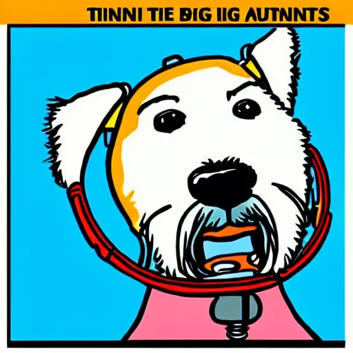 Image similar to tintin wearing headphones and speaking into big microphone, podcast! white terrier, drawn in the style of jean giraud!!