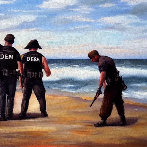 Image similar to dea arresting drug dealers on a beach, oil painting, very detailed, 4 k