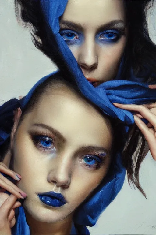 Prompt: photorealism oil painting, close - up portrait from above of fashion model, black scarf, delicate blue makeup, sad eyes, dark background, in style of classicism mixed with 8 0 s japanese sci - fi books art
