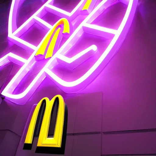 Image similar to closeup portrait of an ethereal mcdonalds made of purple light, divine, cyberspace, mysterious, dark high-contrast concept art