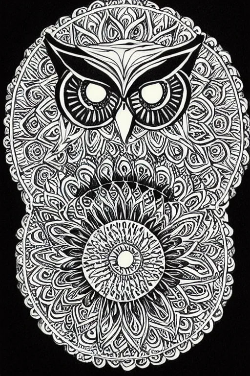 Image similar to symmetric owl mandala ink drawing