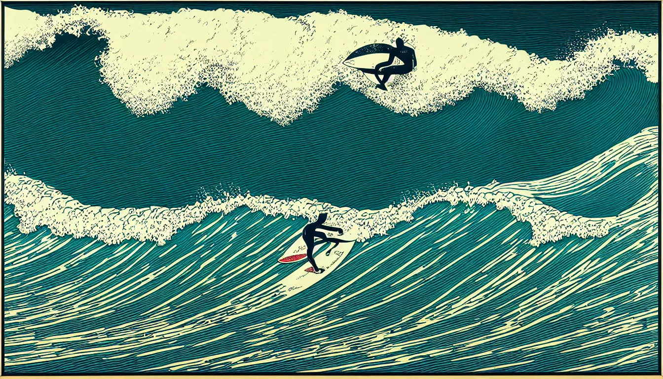 Image similar to surfing wave by dan mumford and peter doig and edward hopper, symmetrical, minimal, black ink, thick lines highly detailed, muted colours, overlaid with chinese adverts, 8 k