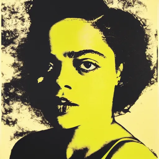 Image similar to screenprint solarized portrait of tessa thompson by andy warhol