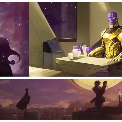 Image similar to thanos working at starbucks by makoto shinkai and ruan jia and studio ghibli