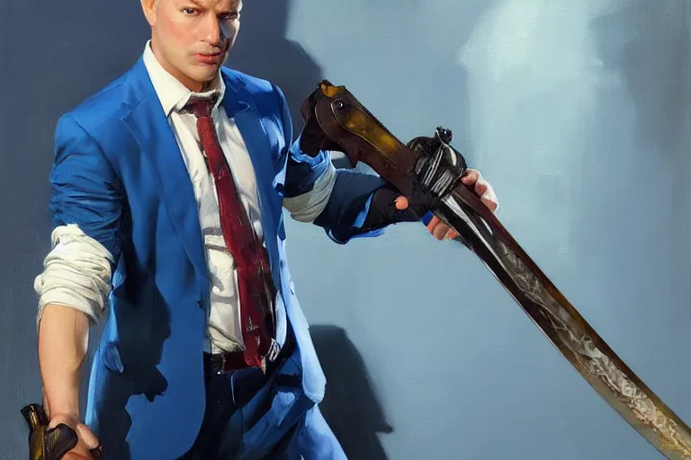 Image similar to greg manchess portrait painting of a blond man in a blue suit with a sword and a pistol, asymmetrical, profile picture, organic painting, sunny day, matte painting, bold shapes, hard edges, street art, trending on artstation, by huang guangjian, gil elvgren, ruan jia, randy vargas, greg rutkowski