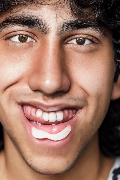 Image similar to close up headshot of an effeminate hispanic teen boy with medium length wavy black hair a wide smile brown eyes a small nose tidy plucked eyebrows dark brown eyes and a diamond shaped face, high resolution film still, 8k, HDR color