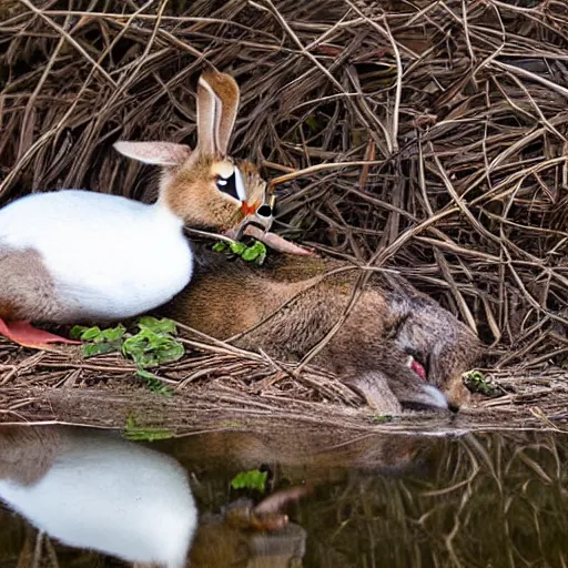 Prompt: high detailed photo of the river bank with a rabbit is relaxing near it and a duck floating by.