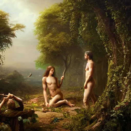 Prompt: God angy in the Garden of Eden. Adam and Eve look very guilty and the snake is leaving the scene quietly - Matte painting , detailed painting, made by Greg Rutkowski, 4k resolution, atmospheric, breathtaking