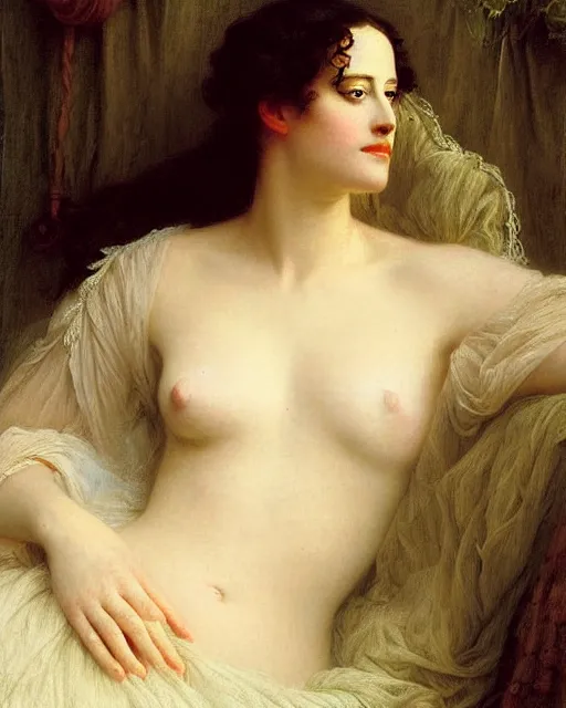 Image similar to portrait en buste of eva green vesper lynd vannessa ives in repose by Hughes Merle, by Pierre Auguste Cot, stunning, beautiful, abundant detail