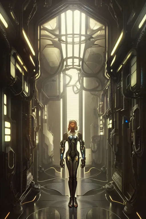 Image similar to ultra realistic, beautiful female cyborg in a utopian hallway in a space megalopolis, sci - fi, intricate details, eerie, highly detailed, octane render, 8 k, art by artgerm and alphonse mucha and greg rutkowski