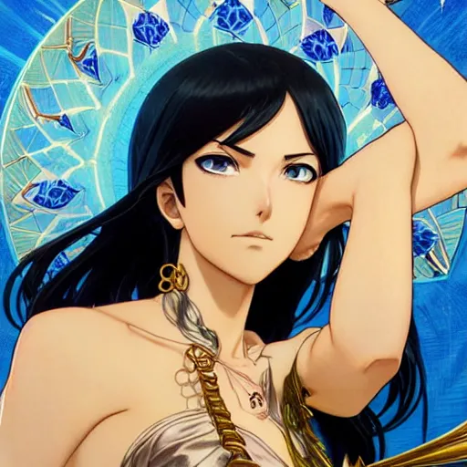 Image similar to highly detailed vfx portrait of nico robin by eiichiro oda!, tom bagsha, makoto shinkai, alphonse mucha, sharp focus, art by artgerm and greg rutkowski!, harsh overhead sunlight, blue eyes!!, large aquiline nose!!, stanley kybric, kaoru mori, intricately detailed, best of behance,