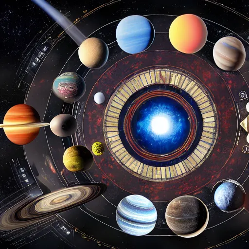 Image similar to a solar system layout like a chessboard, highly detailed digital art but as photography, marvel cinematic, 4 k, studio lighting, wide angle shot, panoramic