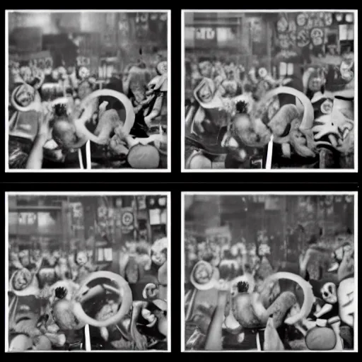 Image similar to macaroni fights each other. film strip. 4 frames.
