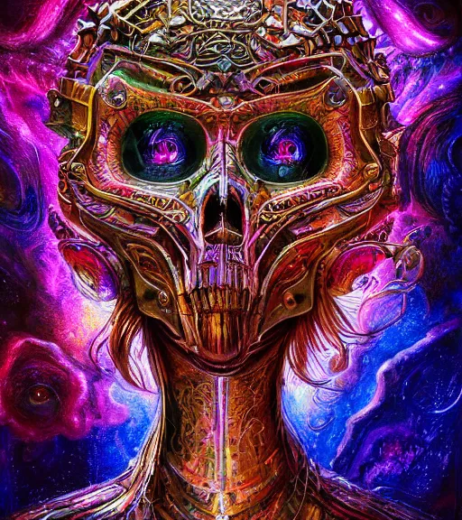 Image similar to portrait of a fantasycore glitchcore deformed animal skull in a helmet. intricate abstract. intricate artwork. celestial. prismatic, by josephine wall, pixar, ghibli. octane render, CGSociety very coherent symmetrical artwork. cinematic, hyper realism, high detail, octane render, 8k, holographic accents