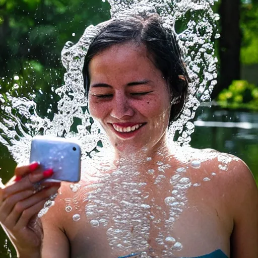 Image similar to photo of a woman made entirely of water reading the wikipedia article for water on her phone