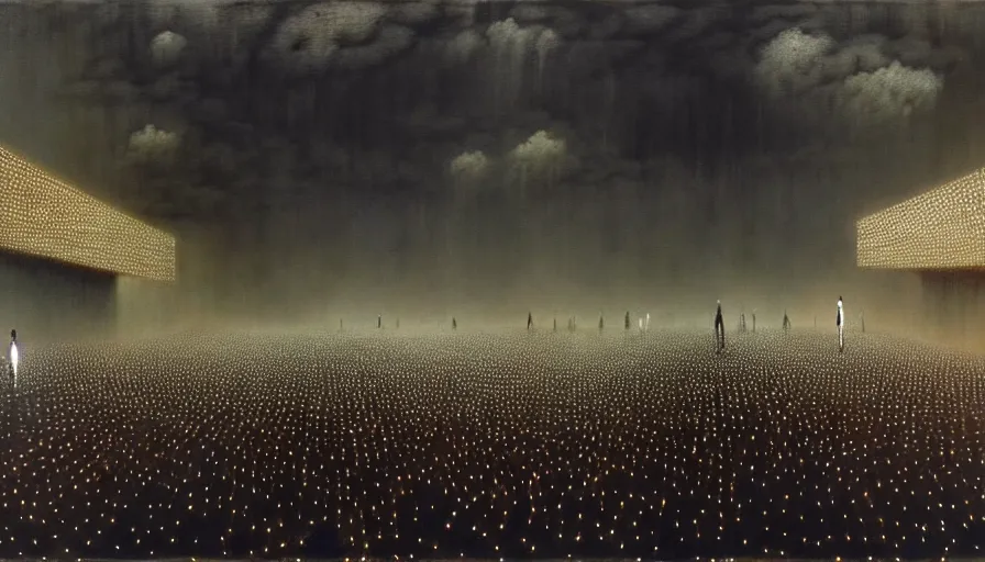 Image similar to detailed painting of rick owens fashion show, exterior, floral ornaments, volumetrics lights, beam of bright lights through the clouds, beksinski, bougeureau