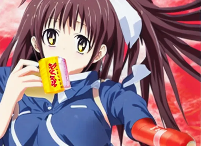 Image similar to An anime character holding a hot dog and cola can .. kadokawa light novel cover