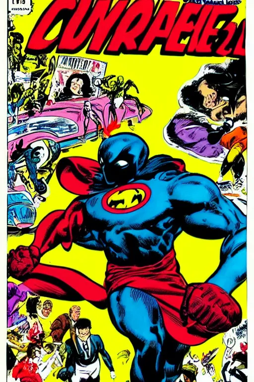 Prompt: comic book front cover. afro - masked superhero flying towards camera by john byrne, in style of marvel comics