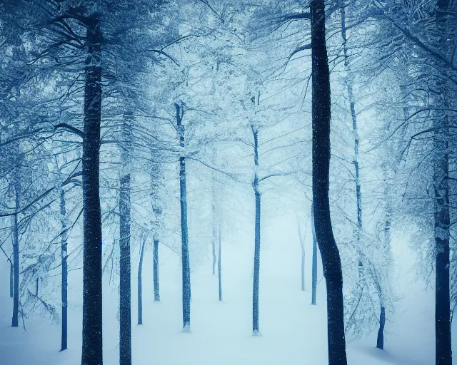 Image similar to a forest filled with lots of snow covered trees at dark blue night, a matte painting by konstantinas ciurlionis, featured on unsplash, tonalism, photo taken with ektachrome, high dynamic range, photo taken with provia