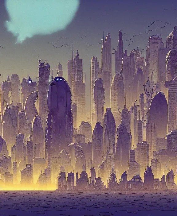 Image similar to simplicity, city skyline made out of sea slugs, in the style of a spaceship, skeletons, partly cloudy, spooky, dramatic lighting, by geof darrow, bill sienkiewicz, dan mumford, yusuke murata, makoto shinkai, ross tran, cinematic, unreal engine, cel shaded, featured on artstation, pixiv