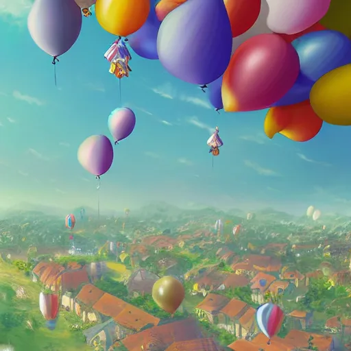 Prompt: a lot of floating birthday balloons. beautiful village. digital art, highly - detailed, artstation cgsociety masterpiece