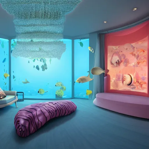 Prompt: the realistic photo of the modern fashionable room as aquarium with a chandelier as a big jellyfish, beautiful corals on the walls and dangerous sharks on the big panoramic window, a lot of gleans, under the ocean, realistic colors, realistic shadows, daylight made in blender and cinema 4 d, hd, 3 d by beeple and by greg rutkowski