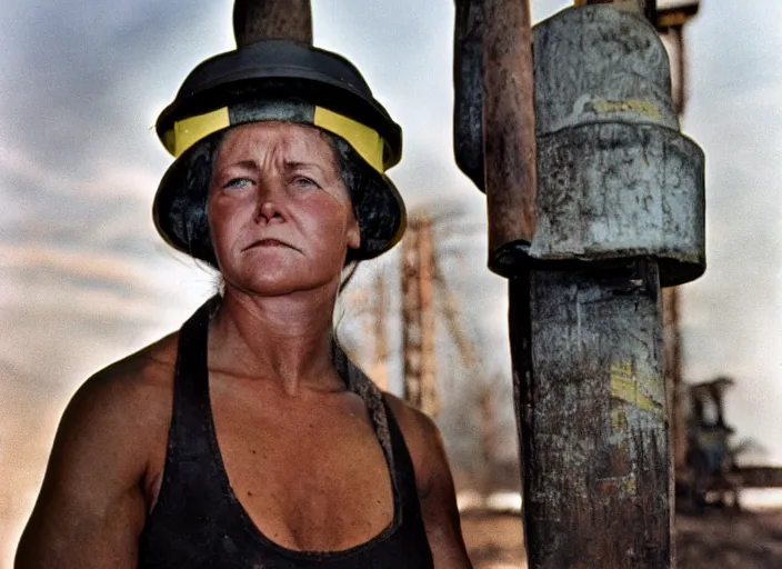 Prompt: 90's professional color photograph, A Very muscular coal miner woman