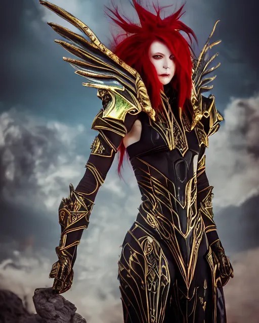 Prompt: red - haired final fantasy white marble egyptian pharaoh with dragon wings, warframe armor, regal, attractive, ornate, sultry, sexy, beautiful, elize theron, pretty face, green eyes, scifi platform, 4 k, ultra realistic, epic lighting, illuminated, cinematic, black gold, art by alexandra petruk, voidstar