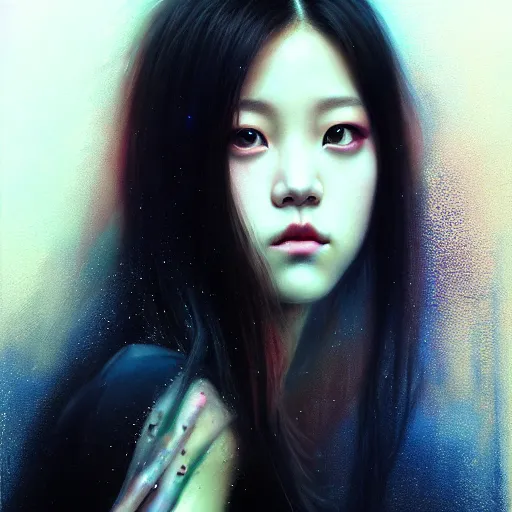 Image similar to jisoo of blackpink, hyperrealistic portrait, bladerunner street, by karol bak and agnes cecile, fantasy art, photo realistic, dynamic lighting, artstation, poster, volumetric lighting, very detailed face, intricate complexity, rule of thirds, 8 k, award winning