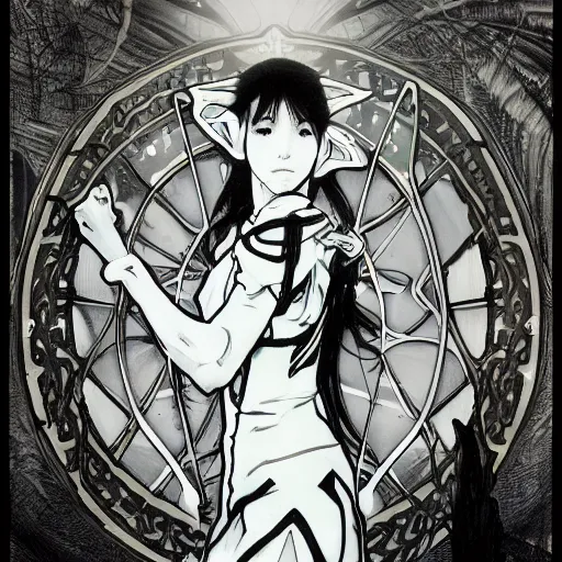Image similar to high tech suit on pointed ear forrest elves, eerie lighting and mist + manga art style, pencil drawing + alphonse mucha, ridley scott, highly realistic, octane renderer